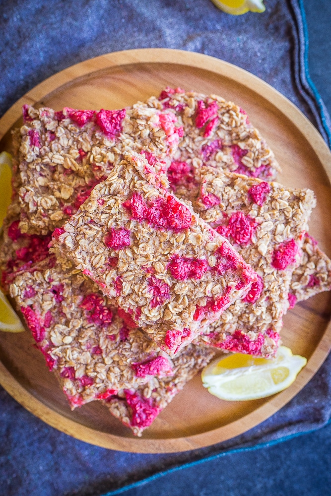 A top down view of a plate of lemon raspberry baked oatmeal