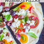 Close up of No Cook Mediterranean Pita Pizzas short pin for Pinterest