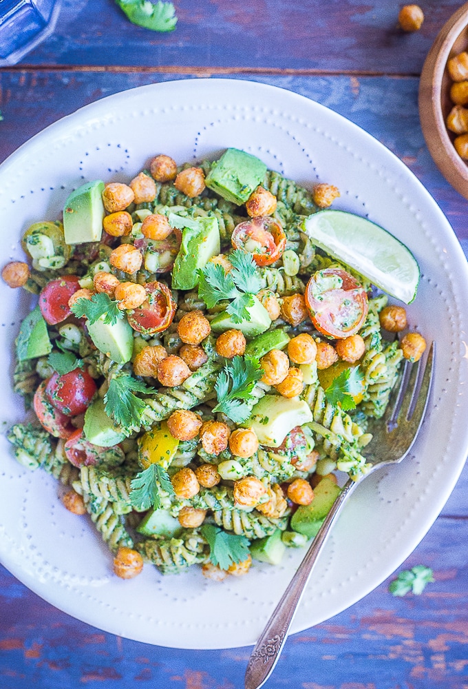 A bowl of Southwestern Pesto Pasta with Crispy Chickpeas