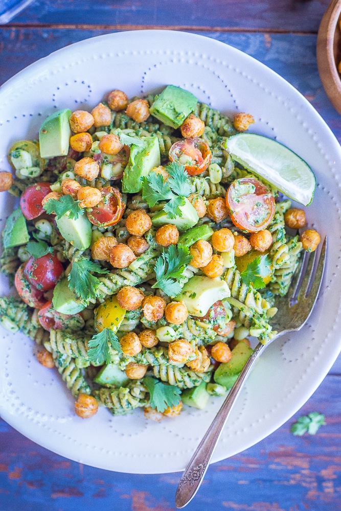 Close up of a bowl of Southwestern Pesto Pasta with Crispy Chickpeas