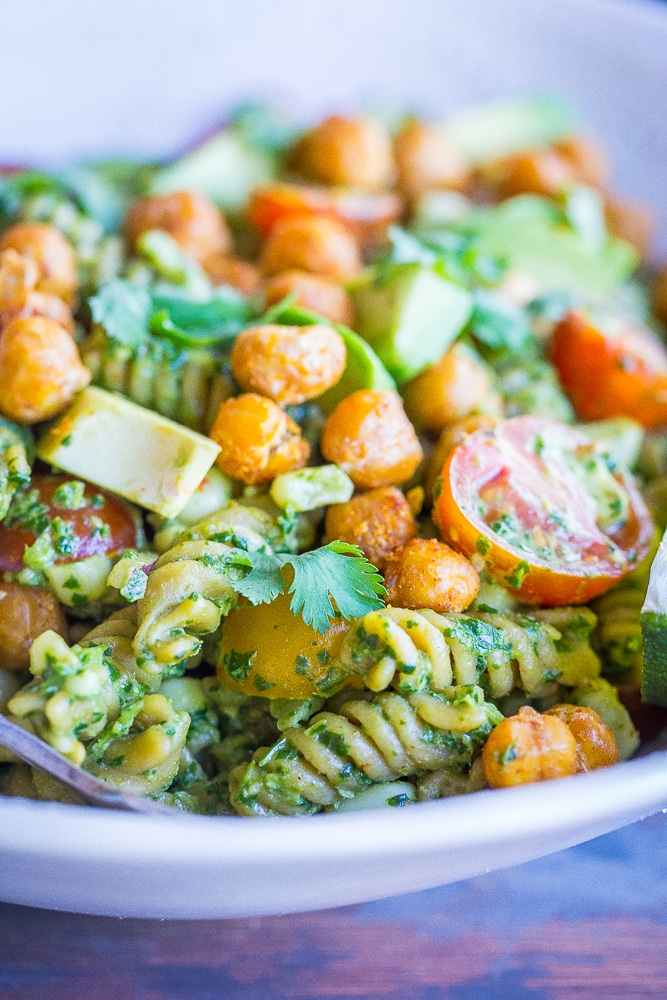 A close up, front view Southwestern Pesto Pasta with Crispy Chickpeas