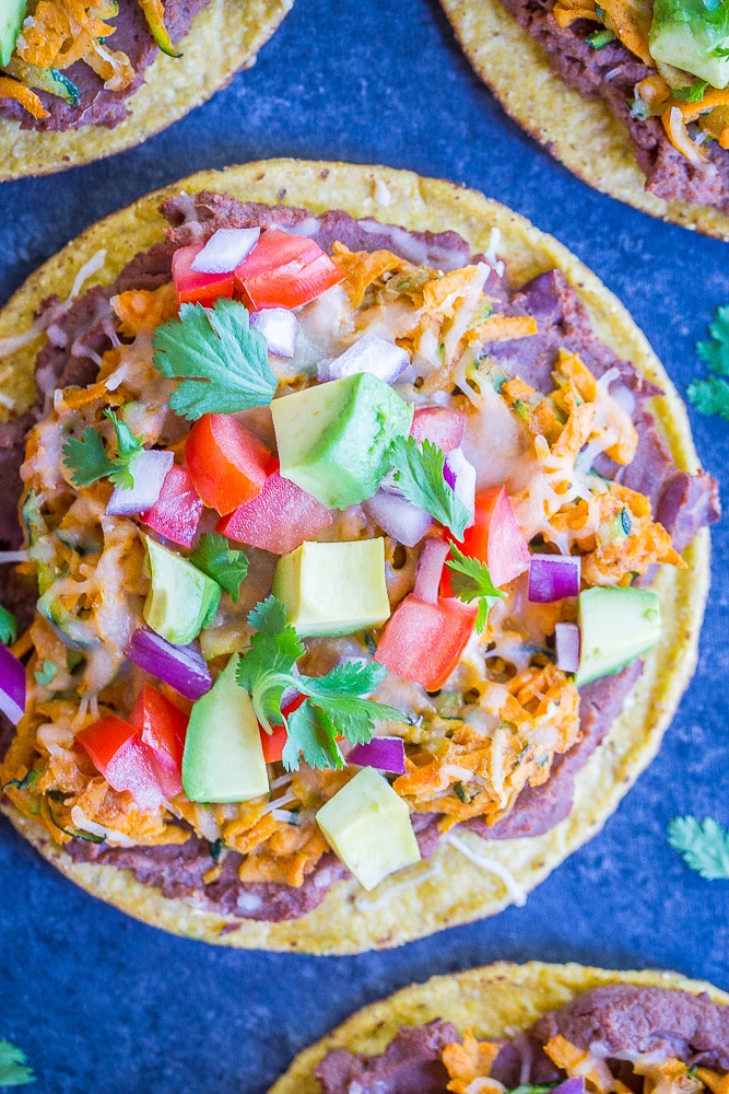 Top down view of 30 Minute Sweet Potato and Zucchini Tostadas