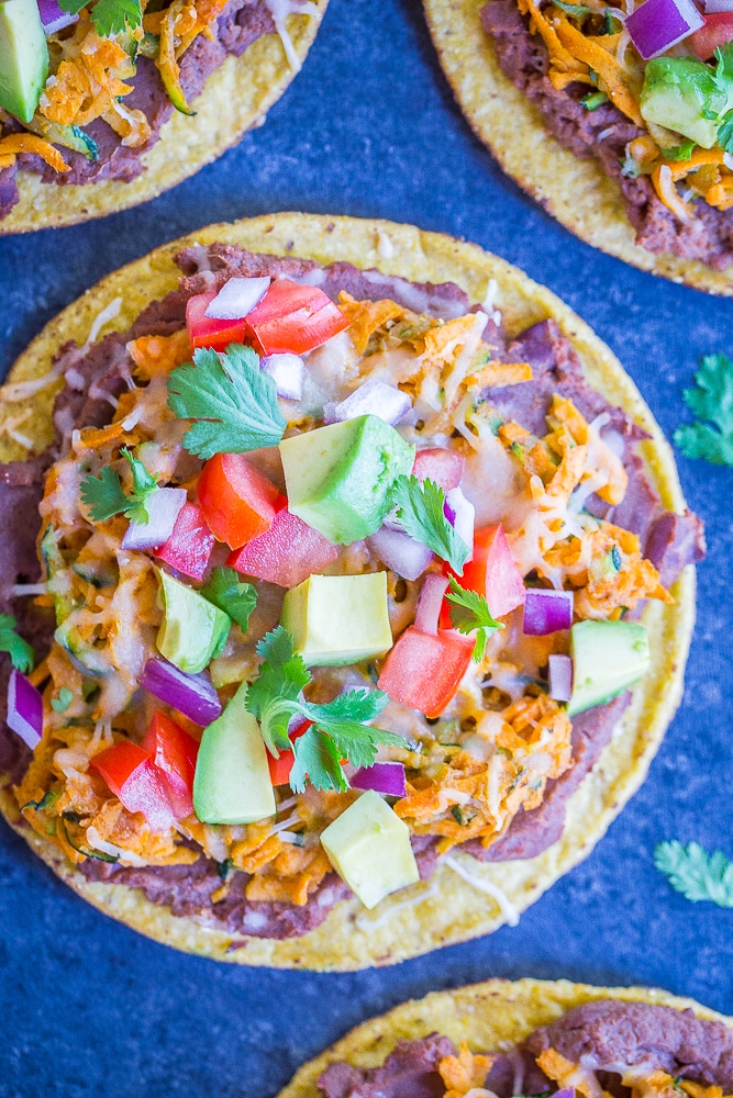 30 Minute Sweet Potato and Zucchini Tostadas on a black background