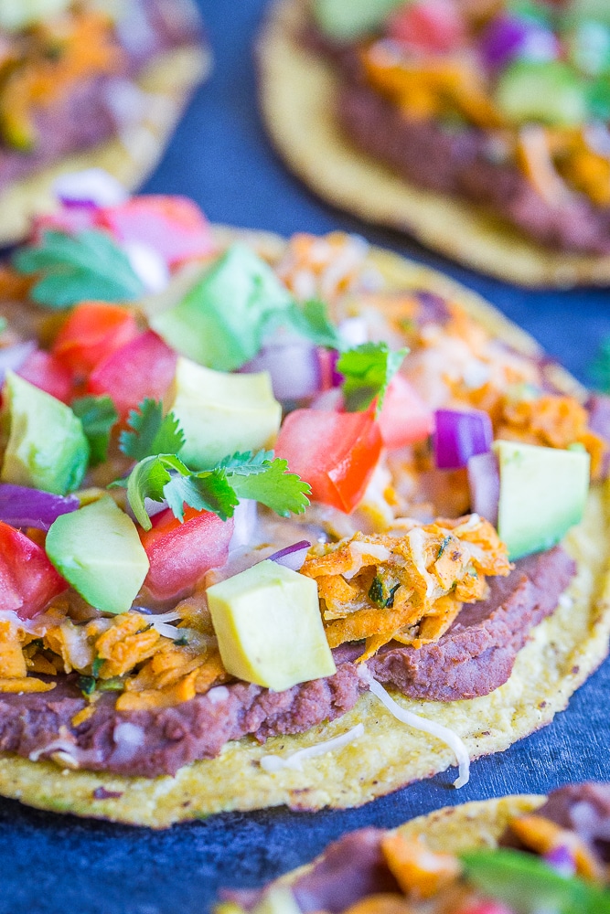 30 Minute Sweet Potato and Zucchini Tostadas front view on a black background