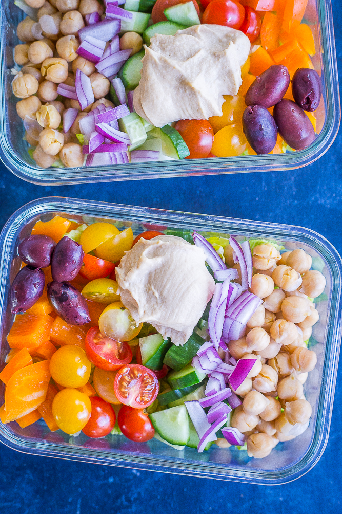 Two containers of Easy Greek Salad Meal Prep Bowls