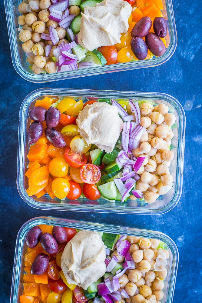 Three containers of Easy Greek Salad Meal Prep Bowls