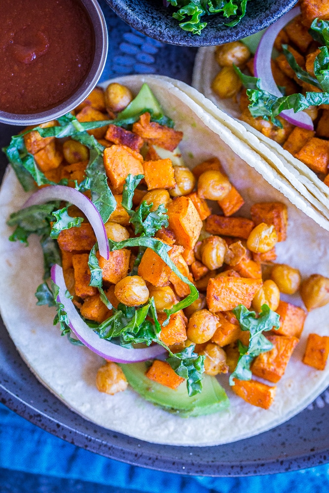 Close up view of Sweet Potato and Chickpea Tacos on a plate