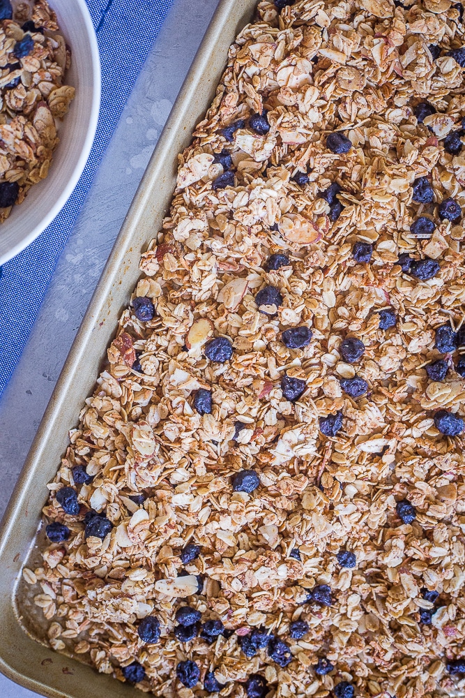 A tray of Homemade Blueberry Almond Granola