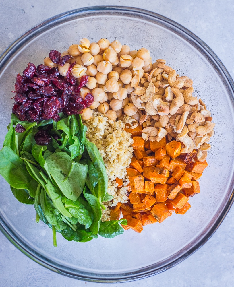 A bowl of ingredients for the Quinoa Chickpea Sweet potato salad.