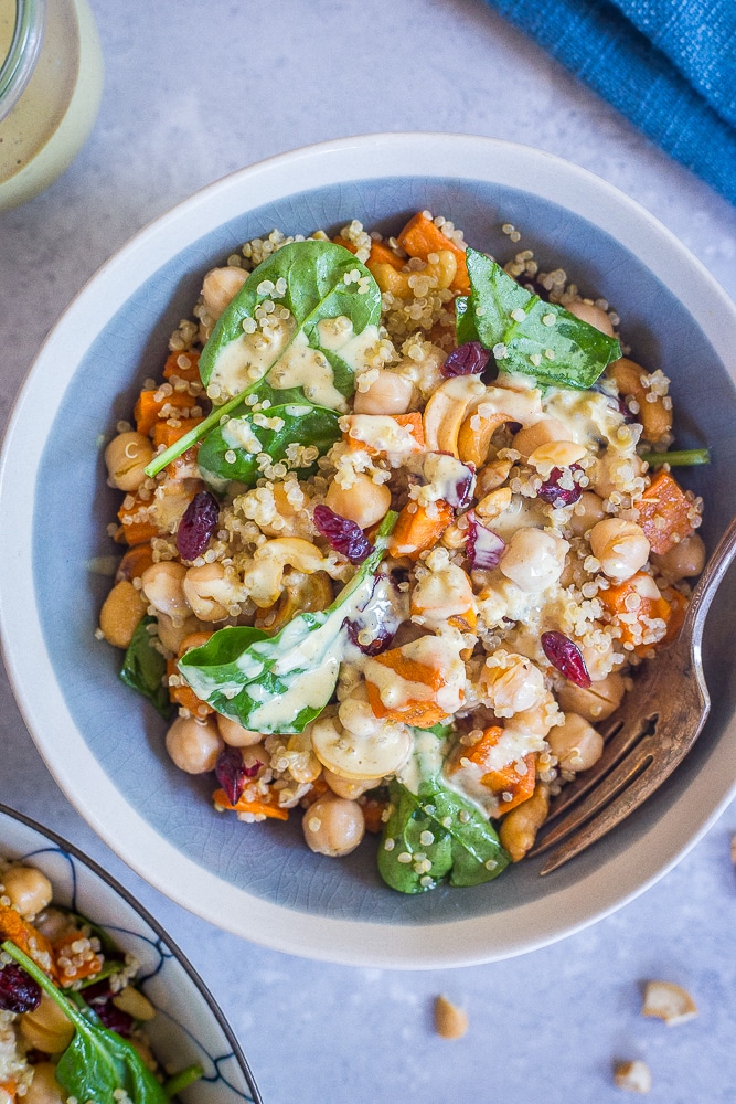 A bowl of Quinoa Sweet Potato Chickpea Salad.