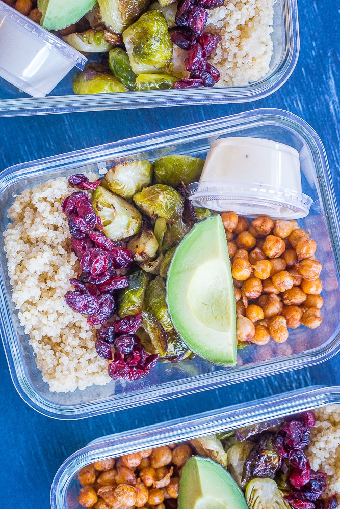 A close up of Roasted Brussels sprout and Chickpea meal Prep Bowls