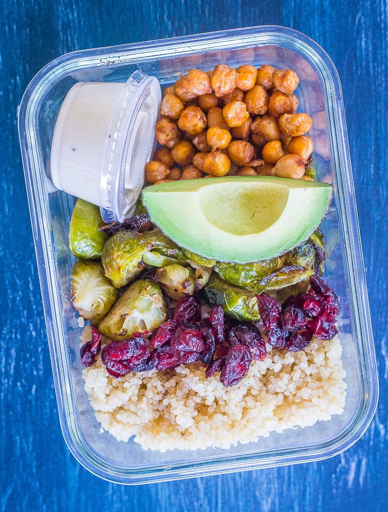 Close up my Roasted Brussels sprout and Chickpea Meal Prep Bowls