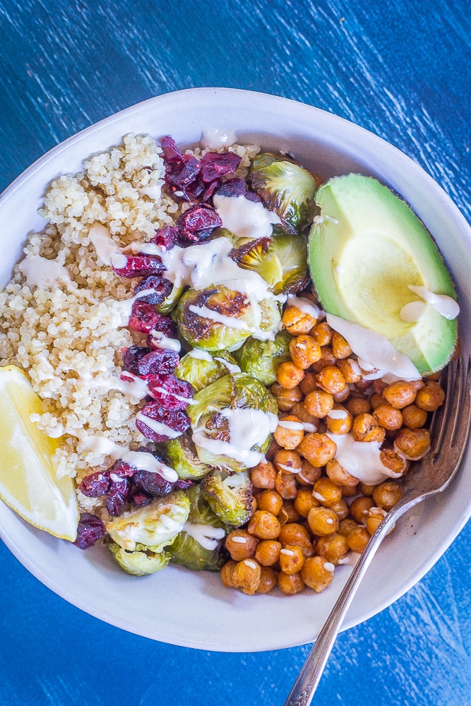 Big bowl of my Roasted Brussels Sprout and Chickpea Meal Prep Bowls