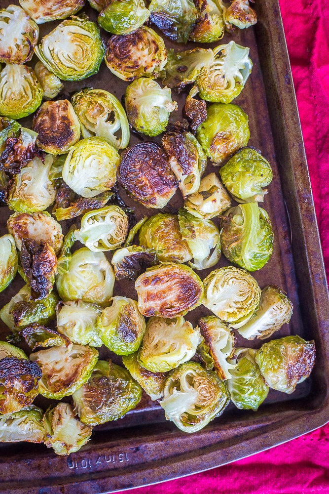 A tray of the Best Simple Roasted Brussels sprouts 