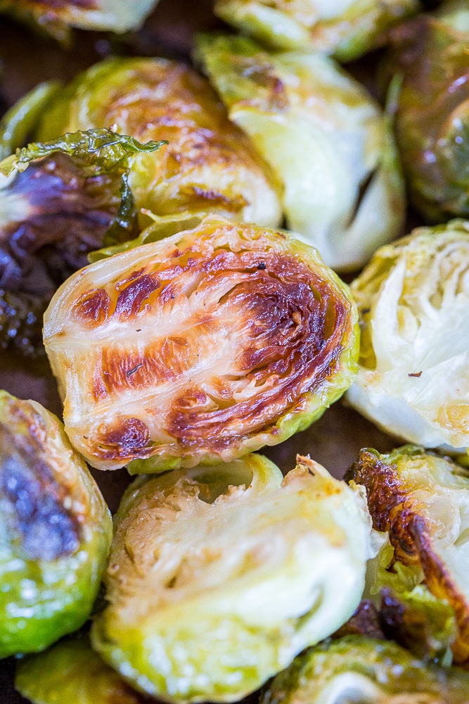 Close up of a caramelized roasted Brussels sprout