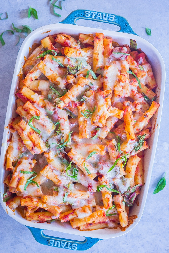 A pan of 5 Ingredient Baked Ziti with Spinach and Chickpeas