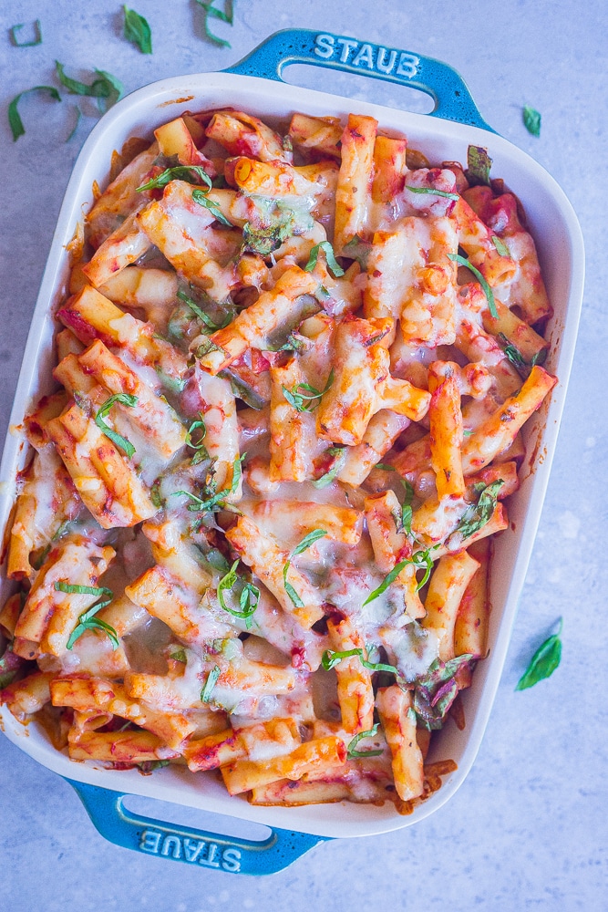 A pan of 5 Ingredient Baked Ziti with Spinach and Chickpeas