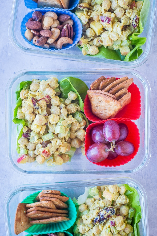 Curried Chickpea Salad Meal Prep Bowls lined up together in a row