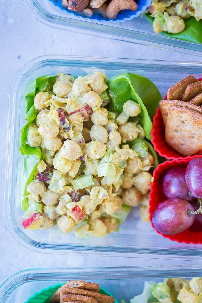 Close up of Curried Chickpea Salad Meal Prep Bowls