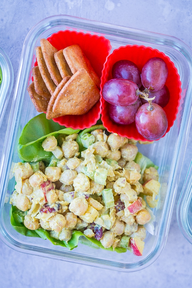 Close up of Curried Chickpea Salad Meal Prep Bowls