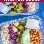 Pinterest long pin for Roasted Brussels Sprout and Chickpea Meal Prep Bowls