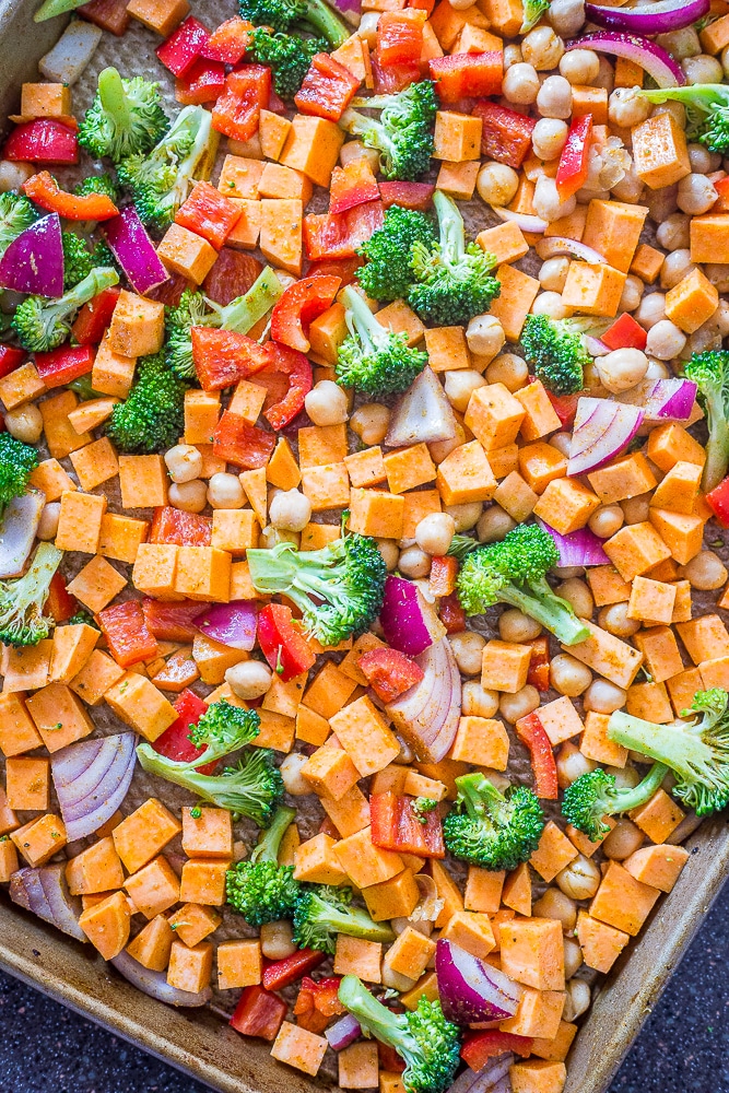 A tray of raw vegetables for Sheet Pan Roasted Vegetable and Chickpea Meal Prep Bowls