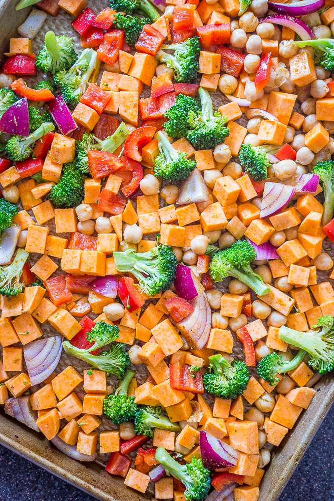 Sheet Pan Roasted Vegetable and Chickpea Bowls - She Likes Food