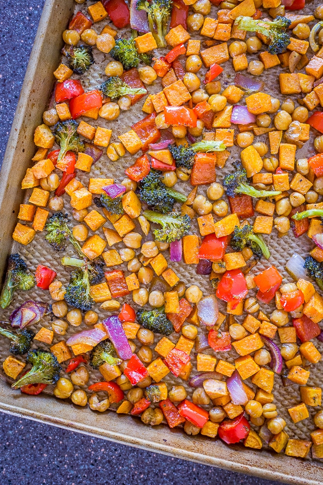 A tray of roasted vegetables for Sheet Pan Roasted Vegetable and Chickpea Bowls