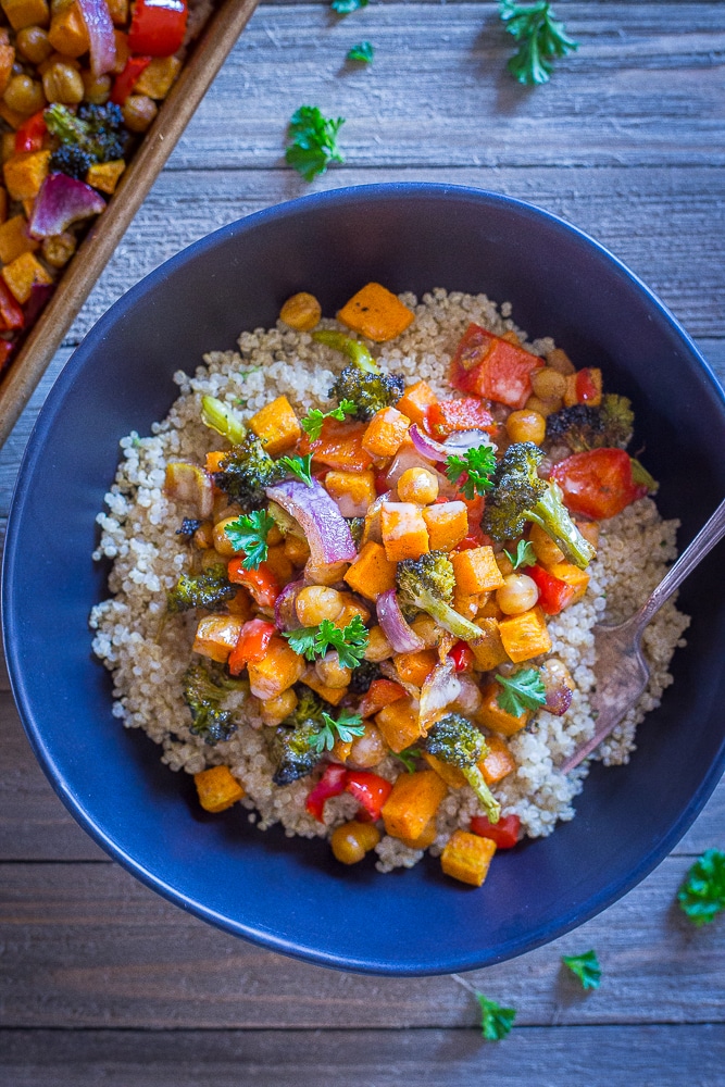 Sheet Pan Roasted Vegetable and Chickpea Bowls 