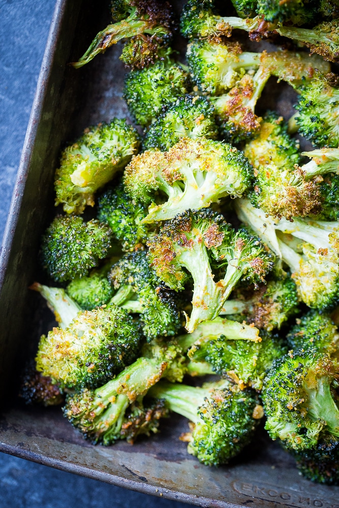 a tray of cheesy garlic roasted broccoli