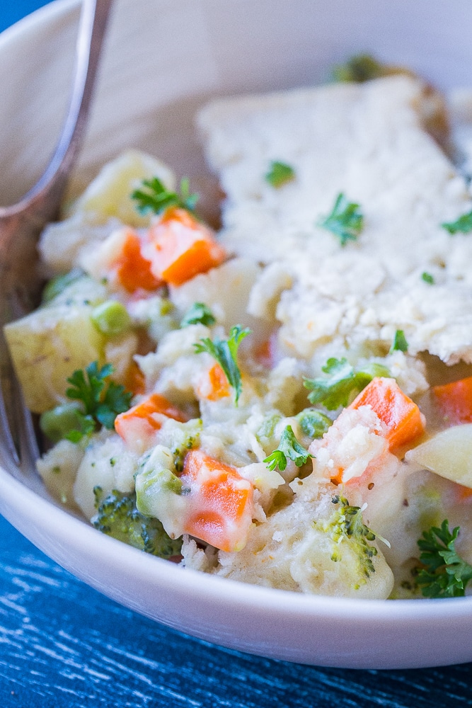 Close up of Creamy Vegan Pot Pie in a bowl