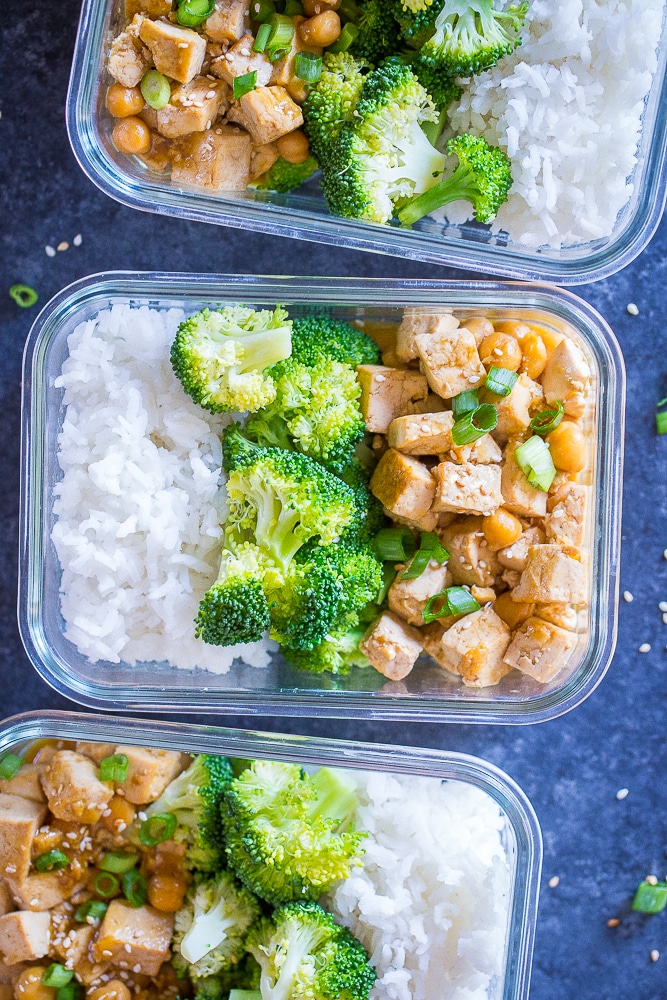 Orange Tofu Chickpea Bowls in meal prep containers