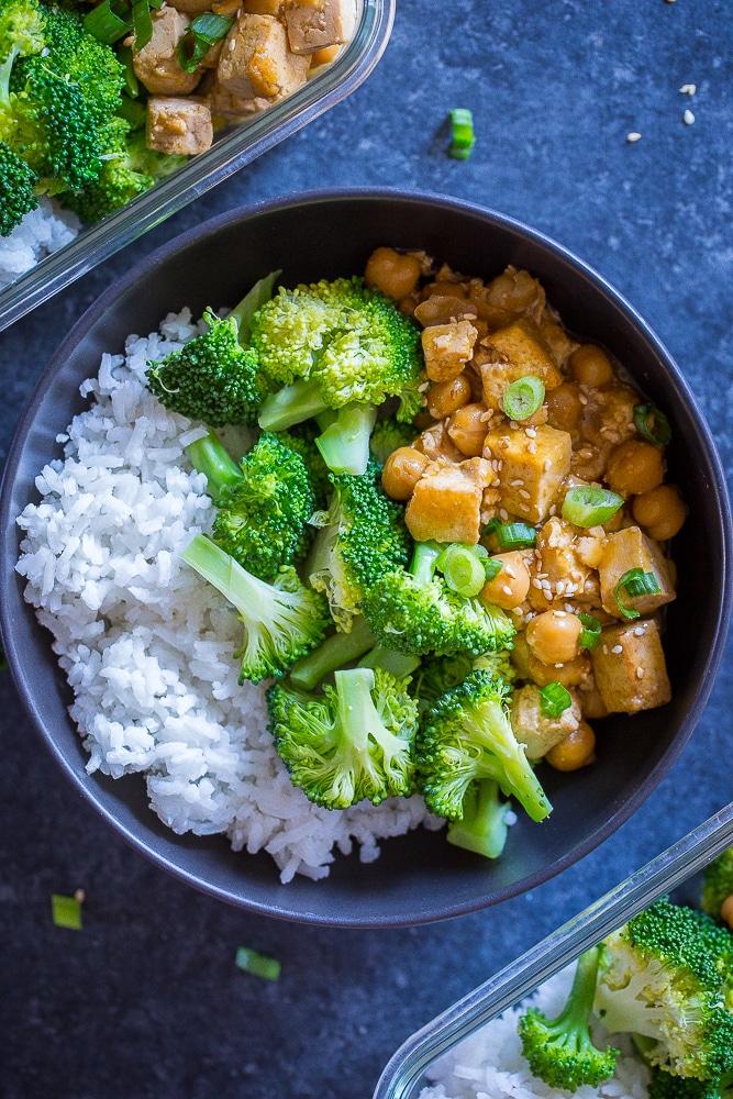 Orange Tofu Chickpea Meal Prep Bowls with meal prep containers