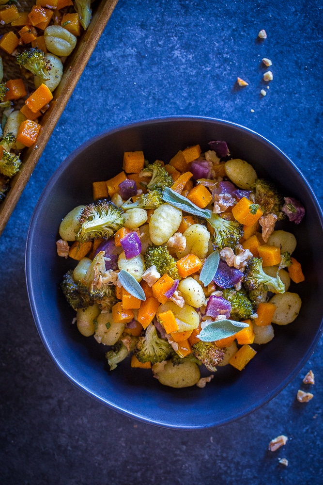 Sheet Pan Roasted Gnocchi, Butternut Squash and Broccoli in a bowl