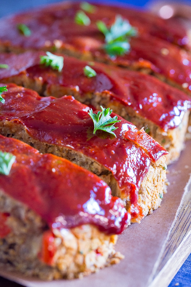 Side view of Easy Vegan Meatloaf with Lentils and Chickpeas cut into slices