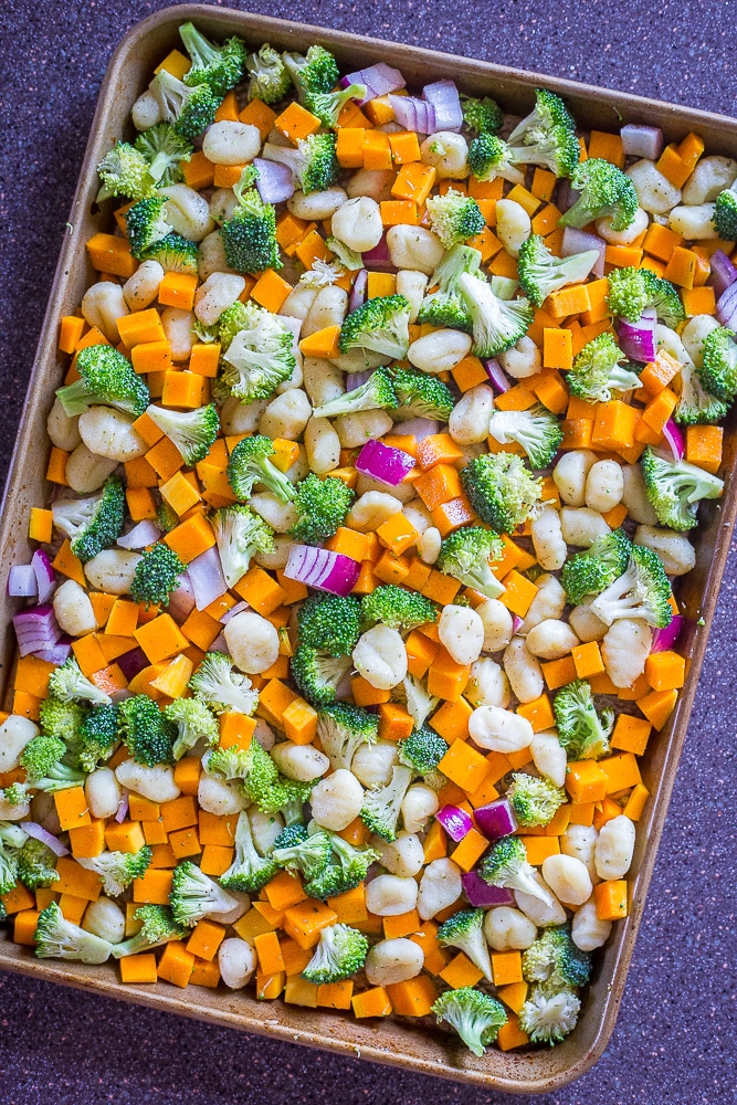 Sheet Pan Roasted Gnocchi, Butternut Squash and Broccoli before it has been cooked