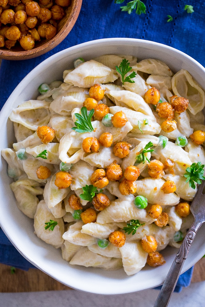 Bowl of Vegan Alfredo Pasta with Crispy Chickpeas