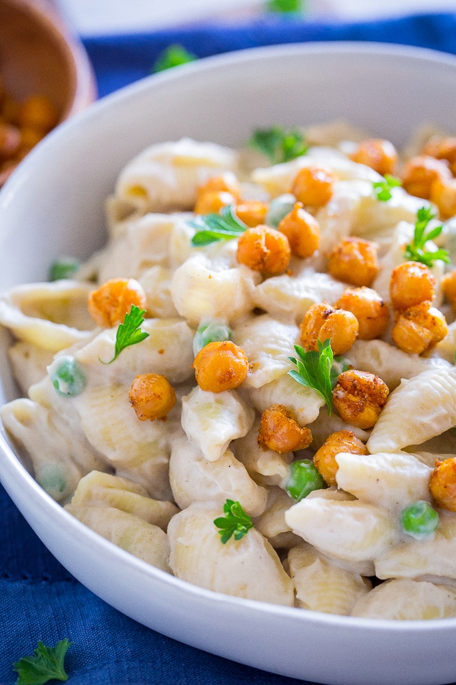 Bowl of Vegan Alfredo Pasta with Crispy Chickpeas close up