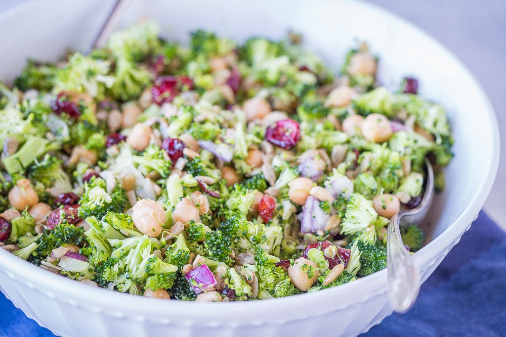 Landscape view of a bowl of Crunchy Broccoli Salad