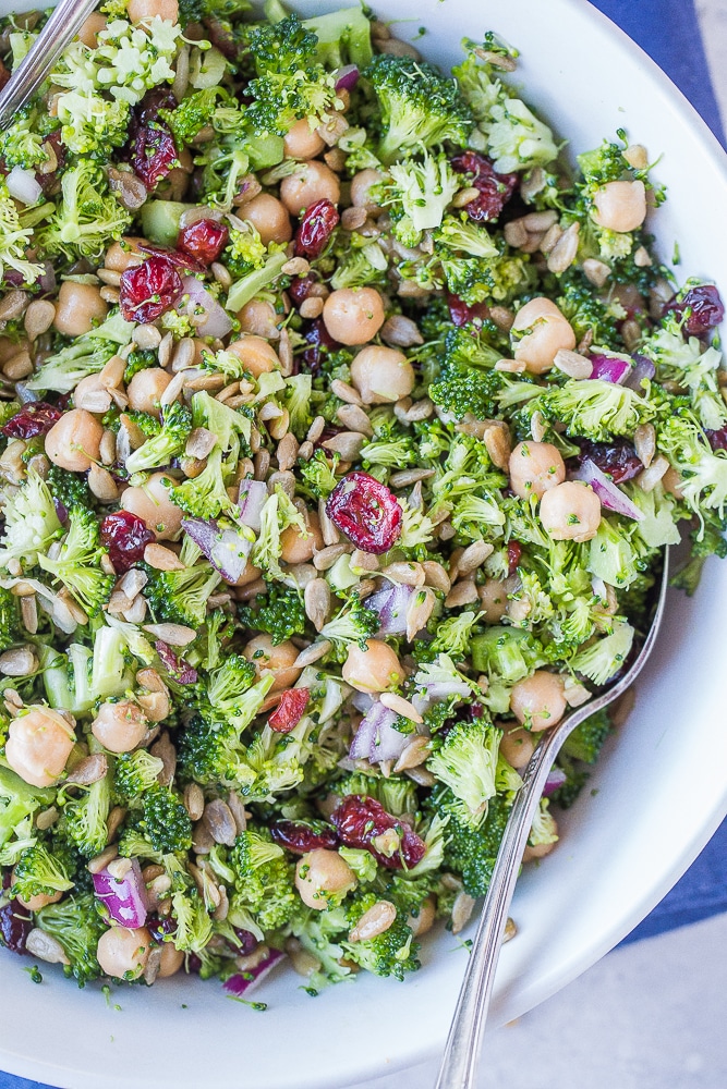 big bowl of crunchy broccoli salad with maple mustard dressing