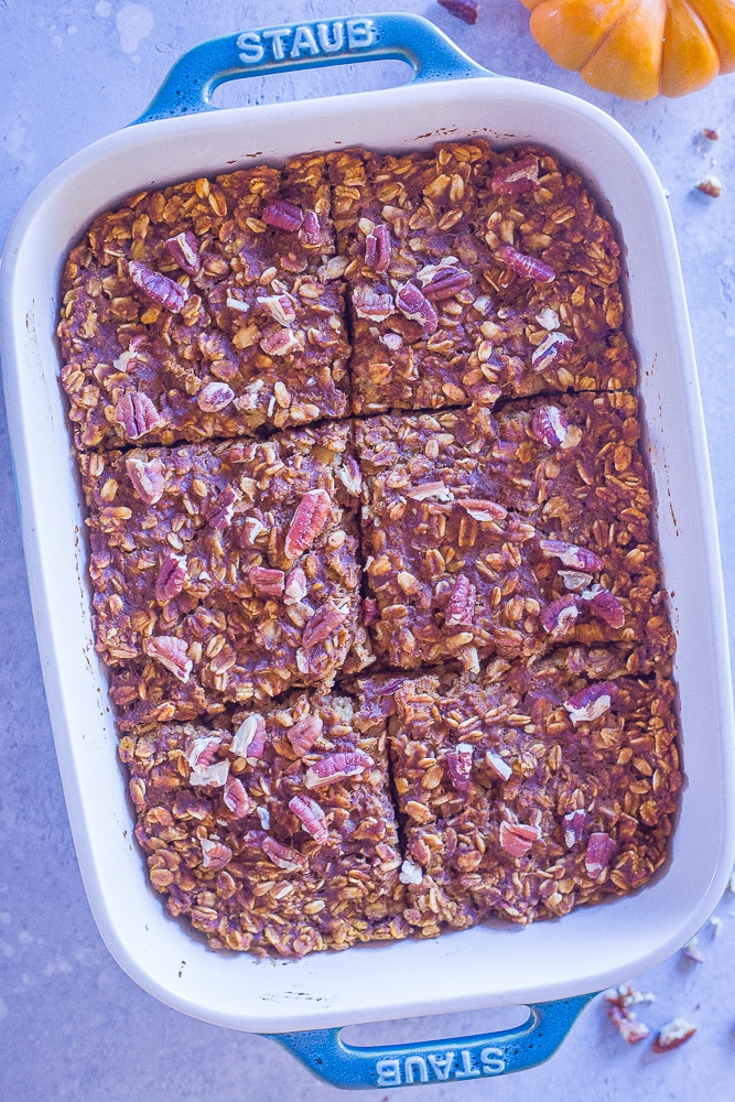 Make Ahead Pumpkin Pie Baked Oatmeal in a baking dish cut into squares