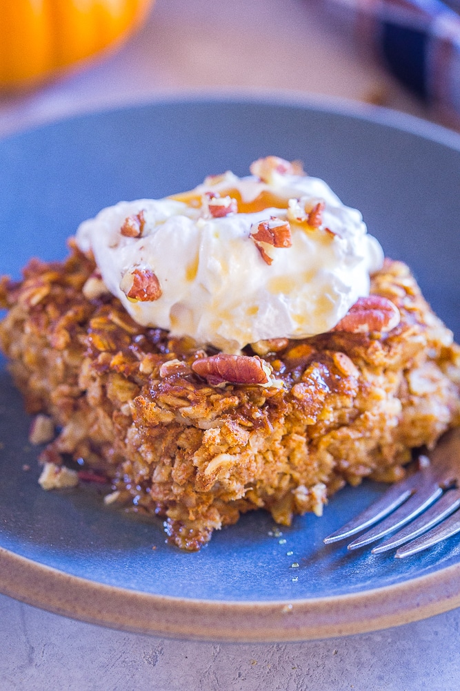 Close up of Make Ahead Pumpkin Pie Baked Oatmeal