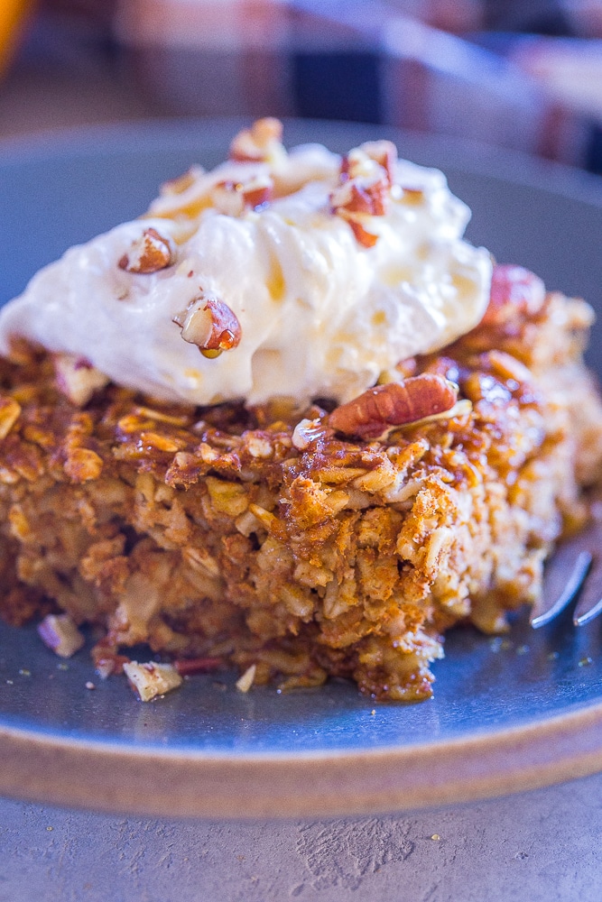 Close up of Make Ahead Pumpkin Pie Baked Oatmeal