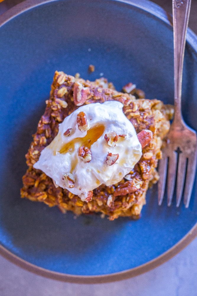 Top view of a slice of Make Ahead Pumpkin Pie Baked Oatmeal on a plate