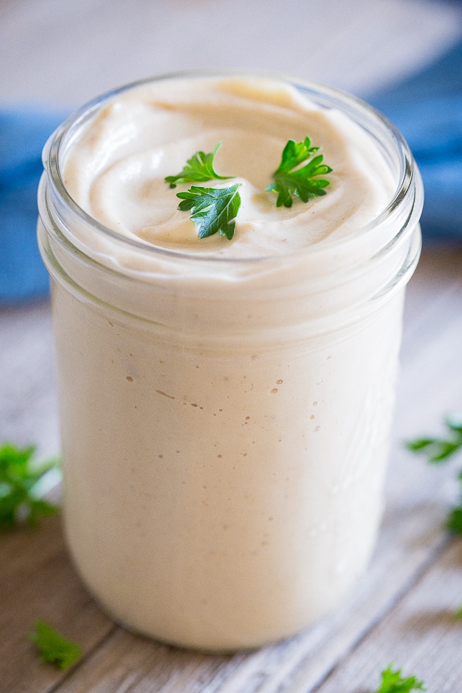 Creamy Cauliflower Alfredo Sauce in a mason jar