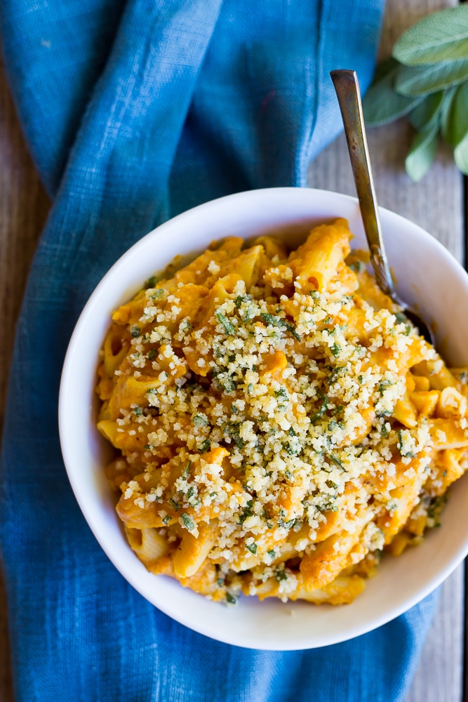 bowl of butternut squash Mac and cheese with crispy sage breadcrumbs