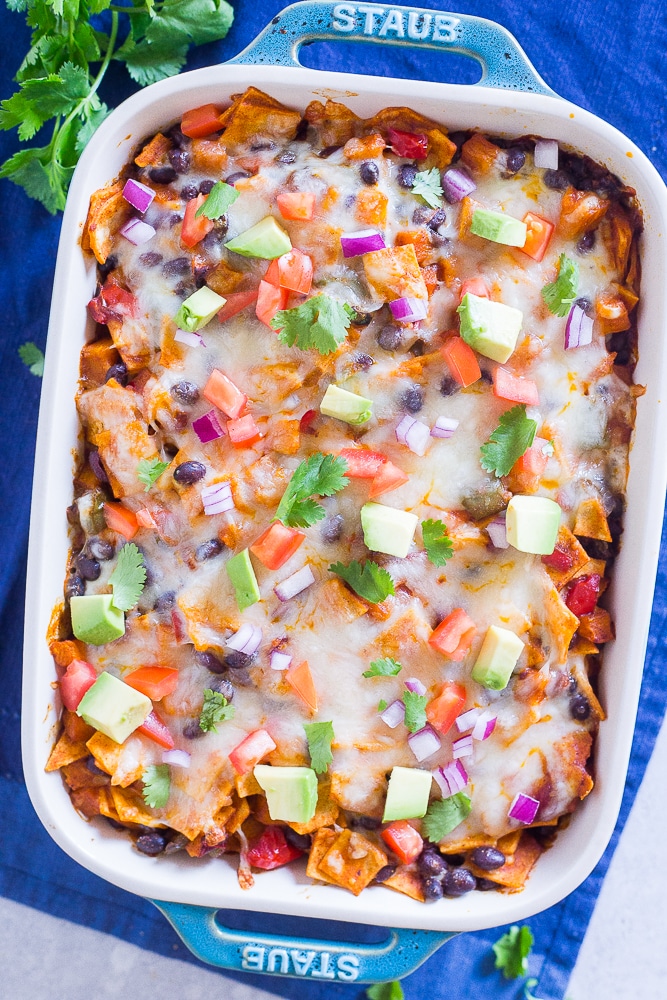 A pan of Black Bean Enchilada Casserole with Butternut Squash