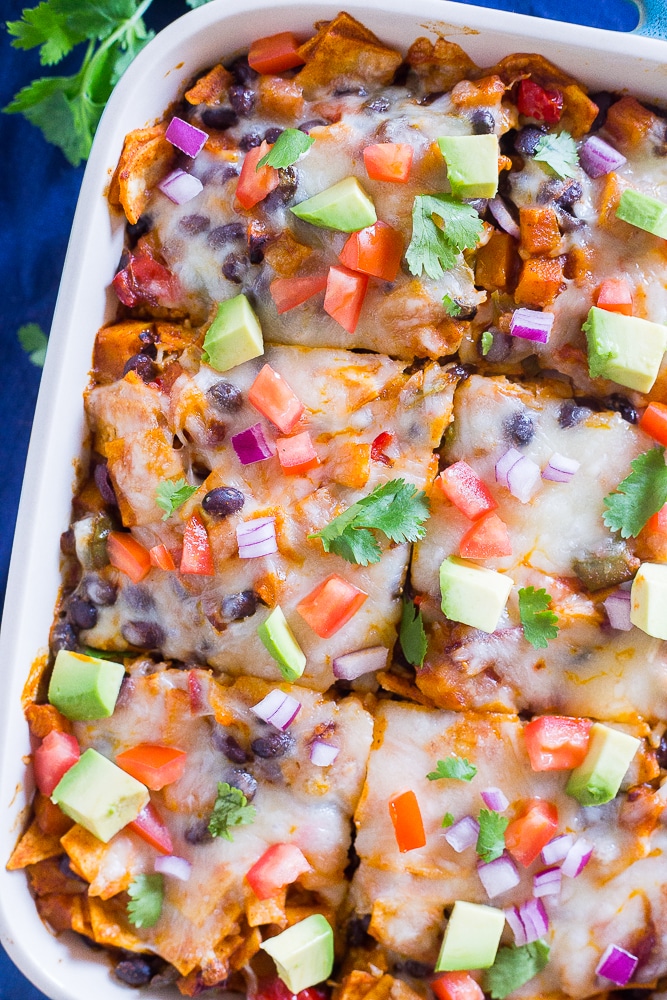 Close up of a pan of Black Bean Enchilada Casserole with Butternut Squash