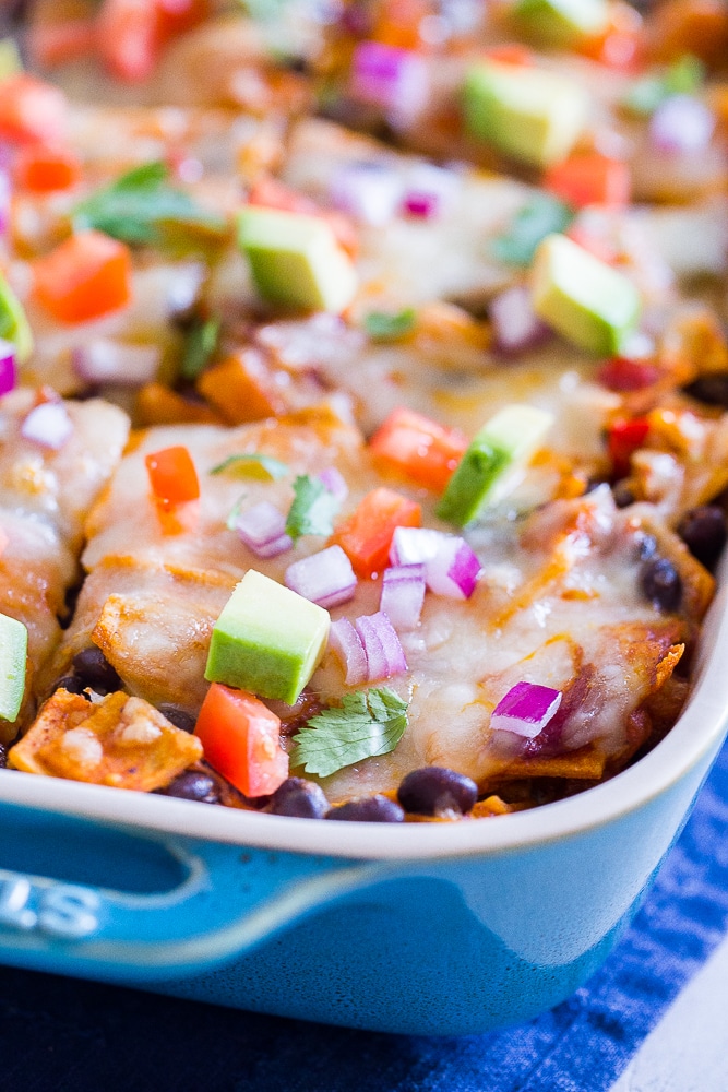 Close up of a pan of Black Bean Enchilada Casserole with Butternut Squash