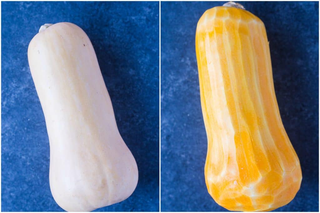 How To Roast Butternut Squash side by side peeled and unpeeled